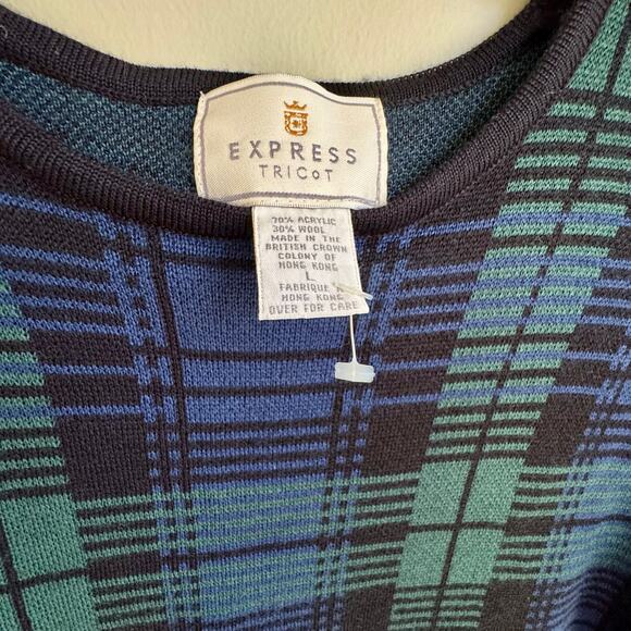 VTG Express Tricot Plaid Tartan Wool Blend Sweater Black Blue Green Sz L 90s - Picture 2 of 5